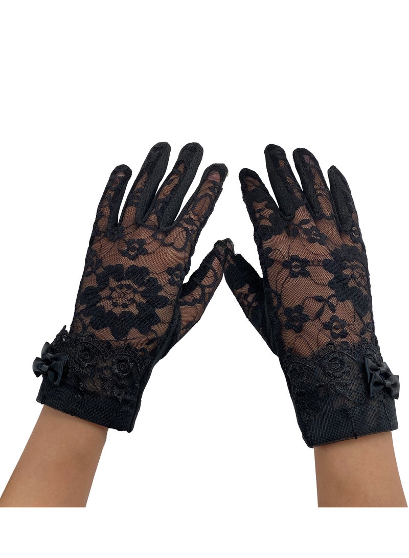 قفازات زهرية مزلقة أنيقة قصيرة القوس للنساء لحفلات الزفاف قيادة الدراجات (أسود) - Image 1