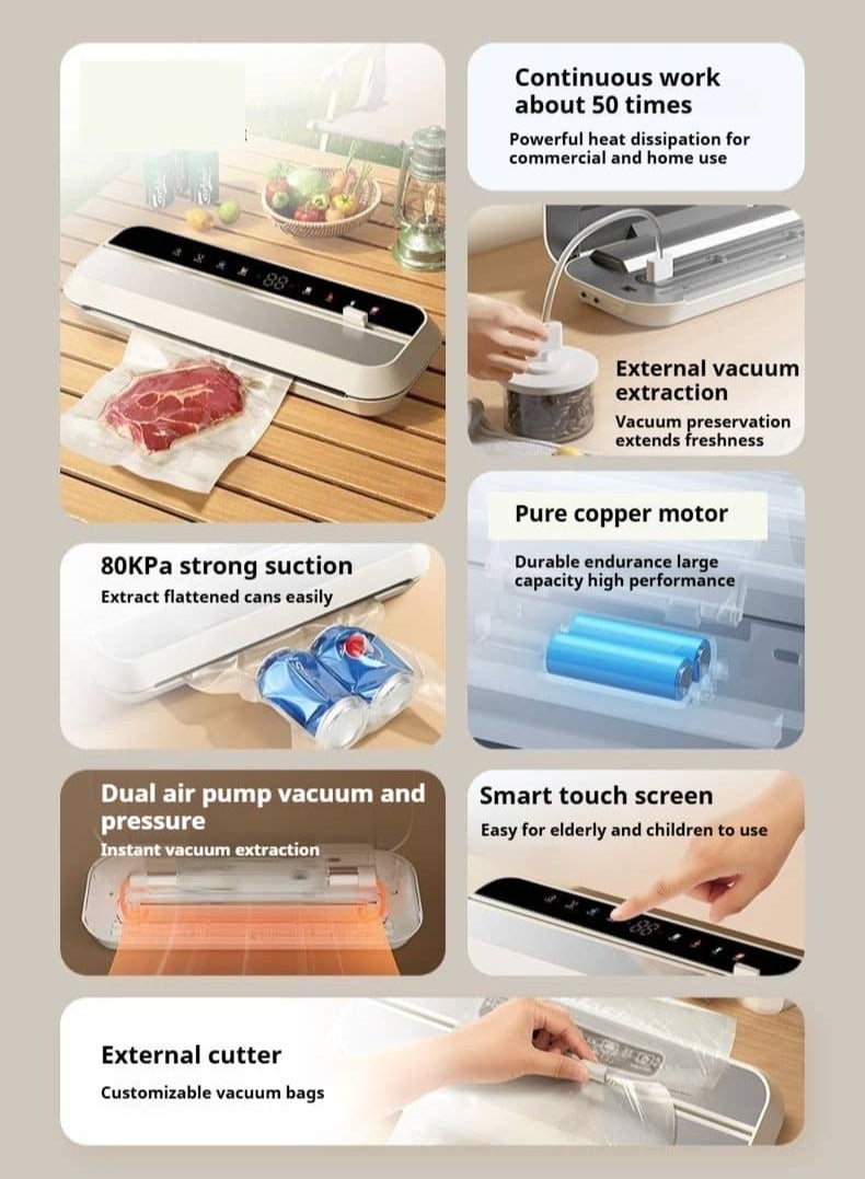 أديلي جهاز شفط الهواء من أكياس الطعام الأوتوماتيكي مع 7 أوضاع جافة ورطبة، يشمل 10 أكياس تفريغ لحفظ الطعام والتخزين طويل الأمد - Image 2