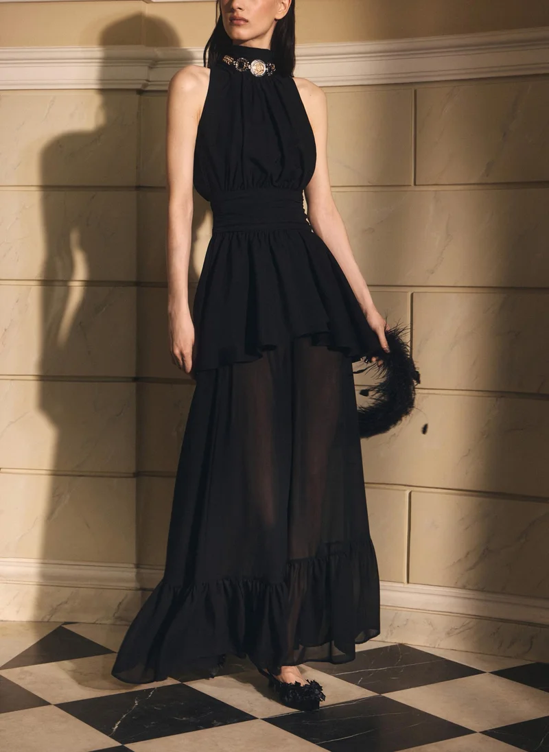 Lichi  Maxi dress with ribbons on the bodice and a semi-sheer skirt for Women | Best Price UAE