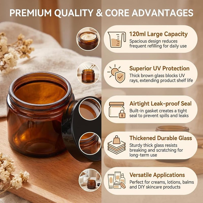 Ericotry 2PCS 120ML 4-Ounce Round Amber Glass Jars Large Capacity Empty Refillable Cream Jars Cosmetic Containers with Black Lids And Inner Liners for Lotions Body Scrubs & Balms - Image 3
