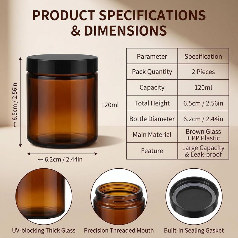 Ericotry 2PCS 120ML 4-Ounce Round Amber Glass Jars Large Capacity Empty Refillable Cream Jars Cosmetic Containers with Black Lids And Inner Liners for Lotions Body Scrubs & Balms - Image 2