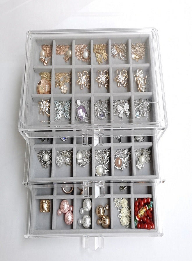 Earring Organizer Jewelry Organizer Box with 3 Drawers, Acrylic Stackable Jewelry Holder Clear Earring Storage Case with Adjustable Velvet Trays for Women on Dresser Vanity -Grey,3 Layers - Image 1