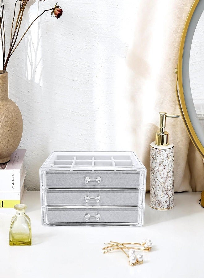 Earring Organizer Jewelry Organizer Box with 3 Drawers, Acrylic Stackable Jewelry Holder Clear Earring Storage Case with Adjustable Velvet Trays for Women on Dresser Vanity -Grey,3 Layers - Image 3