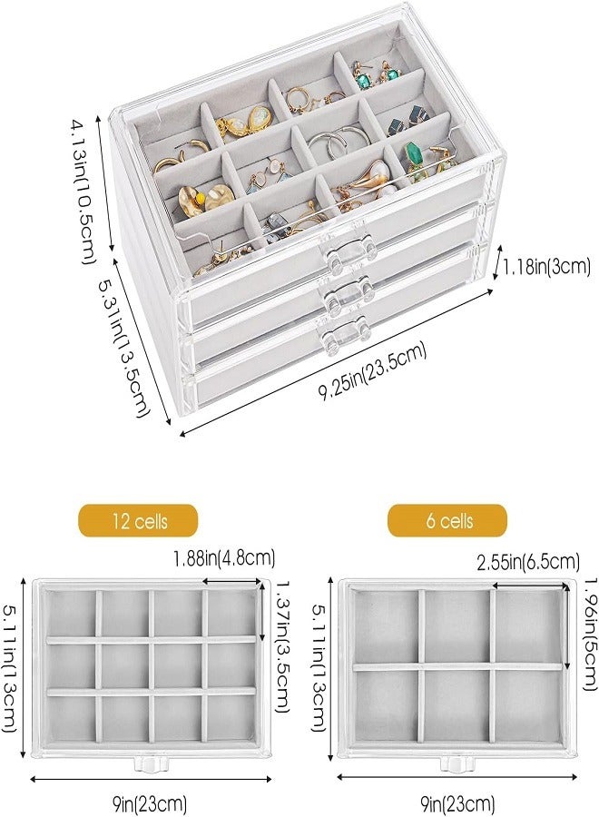 Earring Organizer Jewelry Organizer Box with 3 Drawers, Acrylic Stackable Jewelry Holder Clear Earring Storage Case with Adjustable Velvet Trays for Women on Dresser Vanity -Grey,3 Layers - Image 5