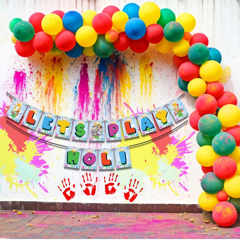 1iAM Happy Holi Decoration Combo Pack of 53 - 1pc "LET'S PLAY HOLI" Banner, 50pcs Balloons, 1pc Pump & 1pc Arch | 14th March Decoration Items for Home, Office, Club, School, Collage, Restaurant - Image 1
