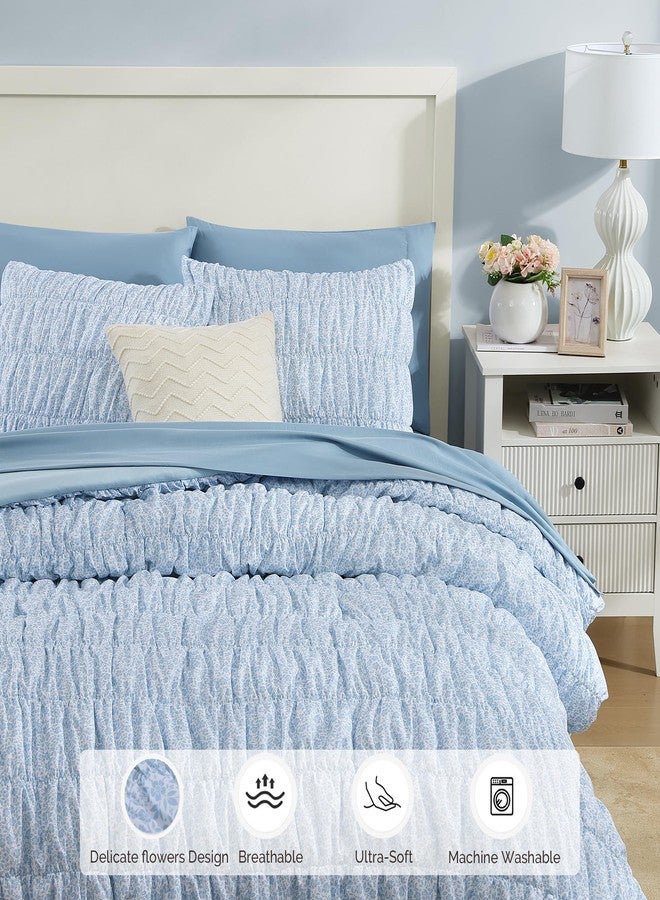 BLOOMHAVEN Full Comforter Set - 7 Pieces Blue Classic Puff Floral Bedding Sets for All Seasons, Shabby Chic Farmhouse Bed in a Bag Full with Wildflowers Fluffy Comforter, Sheets, Pillowcases & Shams - Image 4