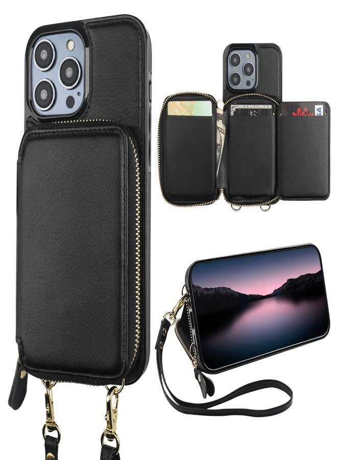 Bocasal RFID Blocking Wallet Case for iPhone 14 Pro, Adjustable Crossbody Zipper Purse Case Card Holder with Kickstand Detachable Wrist Strap, PU Leather Flip Folio Case 6.1 Inch 5G (Black) - Image 1