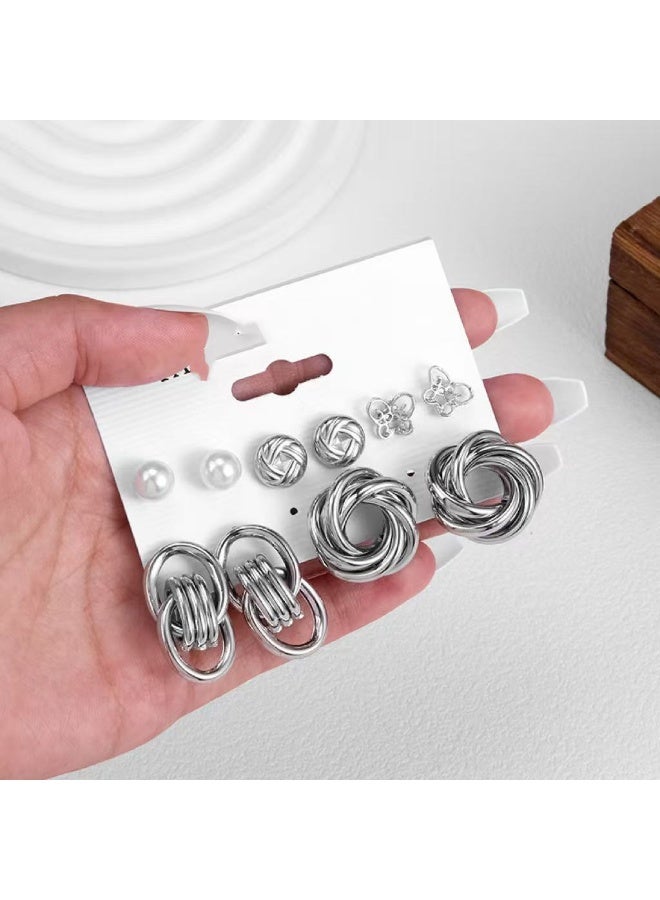 Goolsky Women’s Silver Twisted Hoop Earrings Set – Chunky Alloy Statement Earrings with Pearl Inlay, Trendy Looks - Image 3