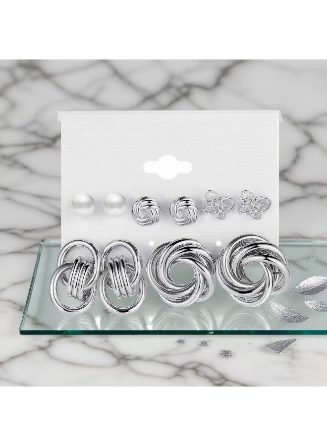 Goolsky Women’s Silver Twisted Hoop Earrings Set – Chunky Alloy Statement Earrings with Pearl Inlay, Trendy Looks - Image 5