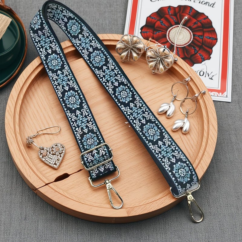 1pc Powder Blue Ethnic Style Embroidery Jacquard Adjustable Single Shoulder Crossbody Bag Strap Replacement Strap For Diy Wallet Making - Image 1