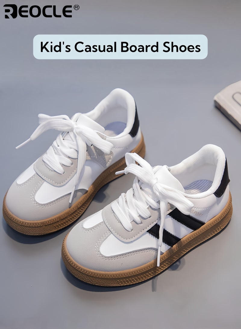 REOCLE Kids' Retro Lace-Up & Velcro Sneakers Classic Low-Top Athletic Shoes with Striped Detailing Comfortable Casual Footwear Ideal for Daily Play & Outings - Image 1