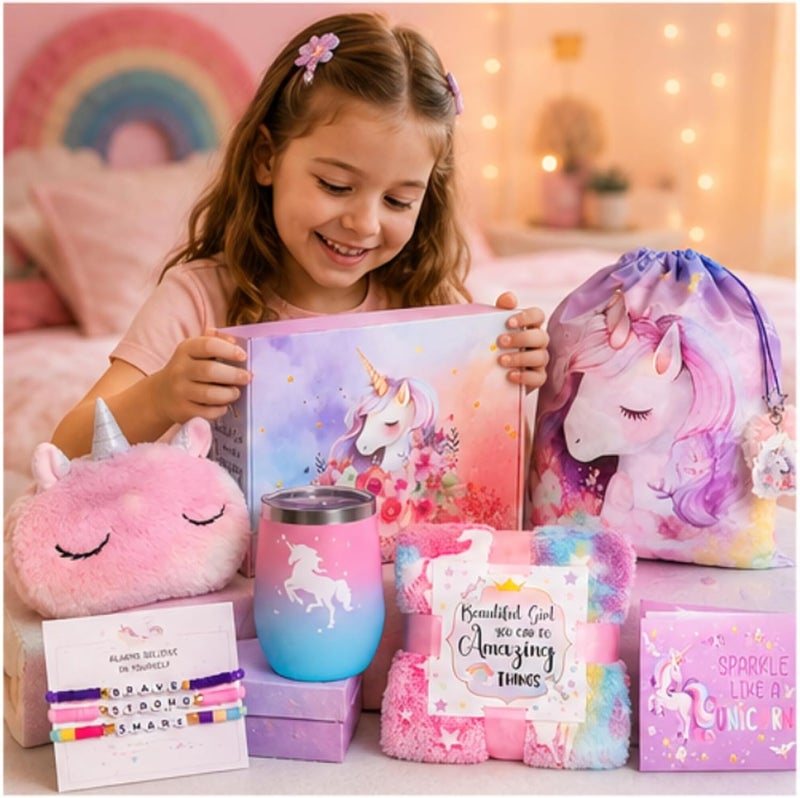 SHAHNARO Unicorn Toys for Girls Age 4-10 – 9PC Unicorn Gift Box Set with Glow Blanket, Backpack, Eye Mask, Crossbody Bag, Water Bottle, Bracelets – Birthday Gift for Girls - Image 2