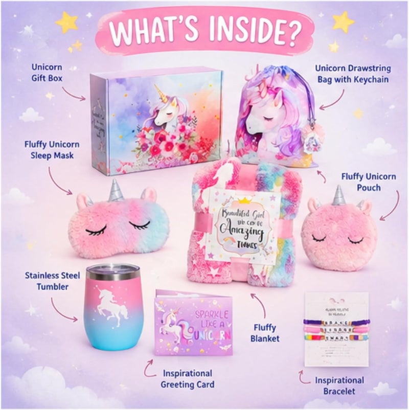 SHAHNARO Unicorn Toys for Girls Age 4-10 – 9PC Unicorn Gift Box Set with Glow Blanket, Backpack, Eye Mask, Crossbody Bag, Water Bottle, Bracelets – Birthday Gift for Girls - Image 5