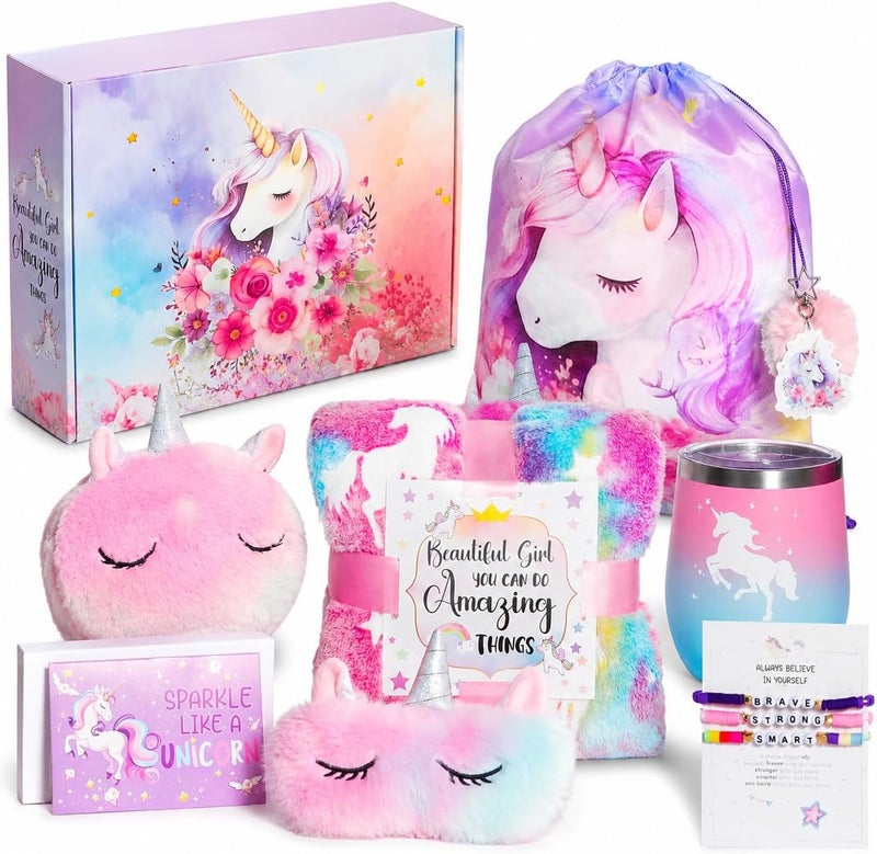 SHAHNARO Unicorn Toys for Girls Age 4-10 – 9PC Unicorn Gift Box Set with Glow Blanket, Backpack, Eye Mask, Crossbody Bag, Water Bottle, Bracelets – Birthday Gift for Girls - Image 1