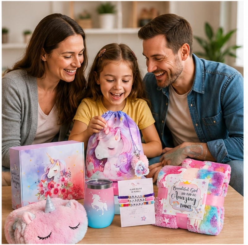 SHAHNARO Unicorn Toys for Girls Age 4-10 – 9PC Unicorn Gift Box Set with Glow Blanket, Backpack, Eye Mask, Crossbody Bag, Water Bottle, Bracelets – Birthday Gift for Girls - Image 4