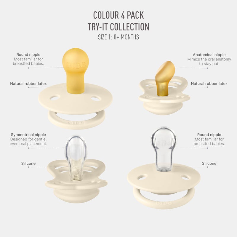 BIBS Try-It Collection | 4-Pack Soothers | BPA-Free Round, Anatomical & Symmetrical Nipple | Natural Rubber Latex/Silicone | Made in Denmark | 0-6 Months | Ivory - Image 2