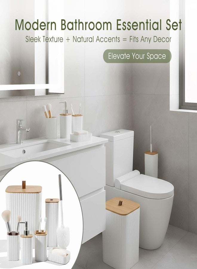 CJC 6-Pcs Bathroom Accessories Set with Bamboo Lids, Matte White Bathroom Organizer Kit, Includes Toilet Brush, Trash Can, Soap Dispenser, Soap Dish, Toothbrush Holder & Cup, Fits Minimalist Bathrooms - Image 2
