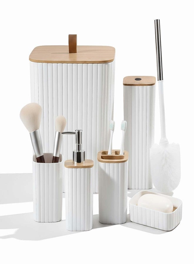 CJC 6-Pcs Bathroom Accessories Set with Bamboo Lids, Matte White Bathroom Organizer Kit, Includes Toilet Brush, Trash Can, Soap Dispenser, Soap Dish, Toothbrush Holder & Cup, Fits Minimalist Bathrooms - Image 1