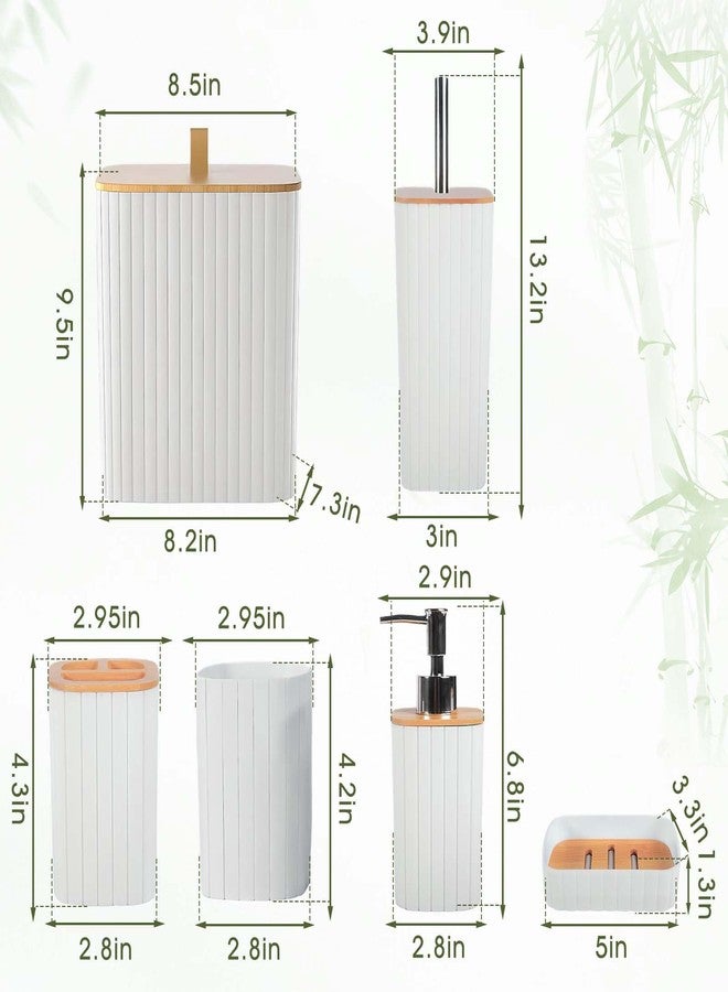 CJC 6-Pcs Bathroom Accessories Set with Bamboo Lids, Matte White Bathroom Organizer Kit, Includes Toilet Brush, Trash Can, Soap Dispenser, Soap Dish, Toothbrush Holder & Cup, Fits Minimalist Bathrooms - Image 3