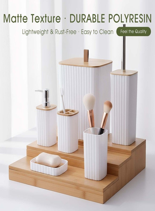CJC 6-Pcs Bathroom Accessories Set with Bamboo Lids, Matte White Bathroom Organizer Kit, Includes Toilet Brush, Trash Can, Soap Dispenser, Soap Dish, Toothbrush Holder & Cup, Fits Minimalist Bathrooms - Image 5