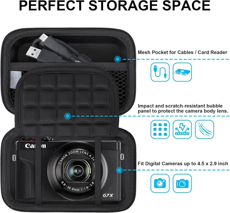 Lacdo Camera Case for Canon PowerShot G7 X Mark III/PowerShot G7 X Mark II 4K Vlogging Camera, Point and Shoot Vlogging Camera Bag Carrying Case, Mesh Pocket fits USB Cable, Batteries, Black+Black - Image 2