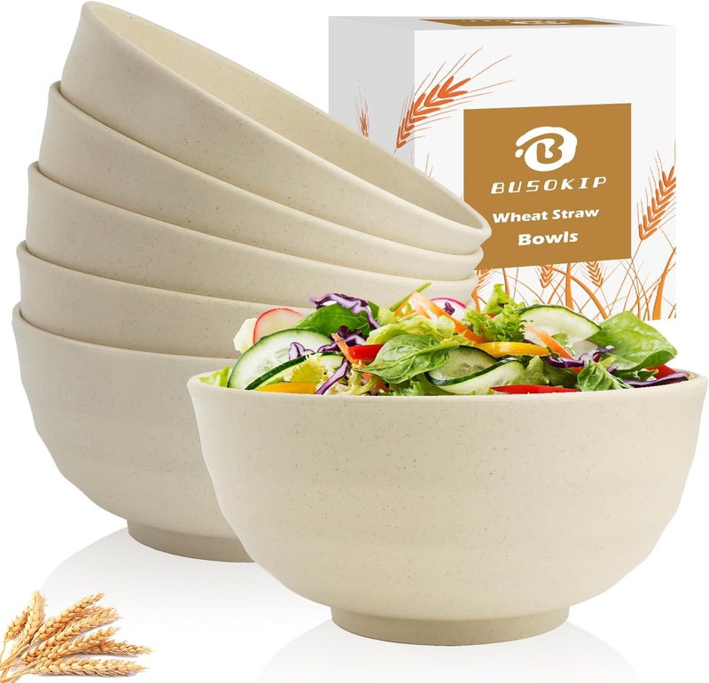 BUSOKIP Wheat Straw Bowls Large Unbreakable Salad Bowls 60 OZ Set of 6, Microwave and Dishwasher Safe Plastic Bowls Alternative, Big Bowls for Eating, Serving Soup, Oatmeal and Salad (Beige) - Image 1