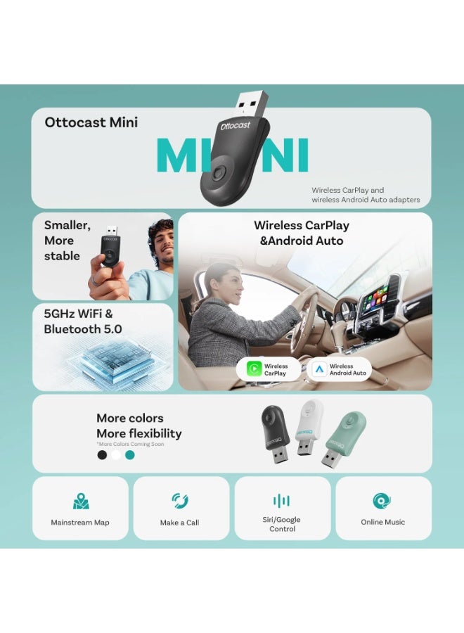 Ottocast OTTOCAST Mini 2-in-1 Wireless Carplay Android Auto Adapter Convert Wired to Wireless Apple CarPlay Low Latency Plug&Play Dongle - Image 3
