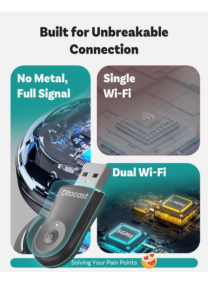 Ottocast Mini Wireless CarPlay Adapter for iPhone & Android Auto CarPlay Adapter 2-in-1 Convert Wired to Wireless Apple Car Play, Plug & Play, USB-C, 5GHz WiFi, Low Latency, Fits 98%+ OEM Wired CarPlay Cars - Image 4