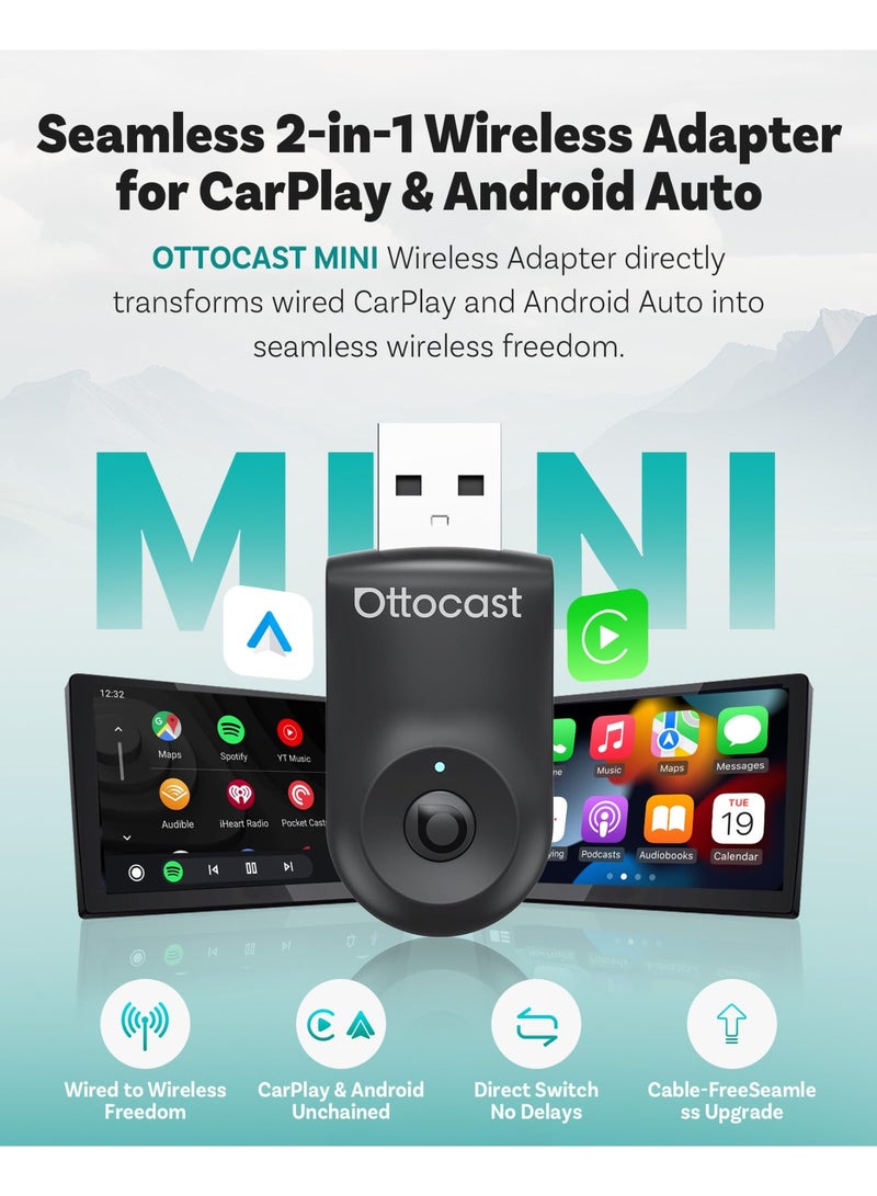 Ottocast Mini Wireless CarPlay Adapter for iPhone & Android Auto CarPlay Adapter 2-in-1 Convert Wired to Wireless Apple Car Play, Plug & Play, USB-C, 5GHz WiFi, Low Latency, Fits 98%+ OEM Wired CarPlay Cars - Image 2