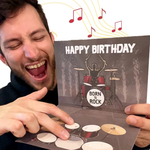 100 GREETINGS Interactive Music Birthday Card - Playable Musical Birthday Cards for Men, Unique Gift for Guitar Players, Drummers & Pianist, Musician Friends & Son, Musical Instrument Touch to Play (Drums) - Image 1