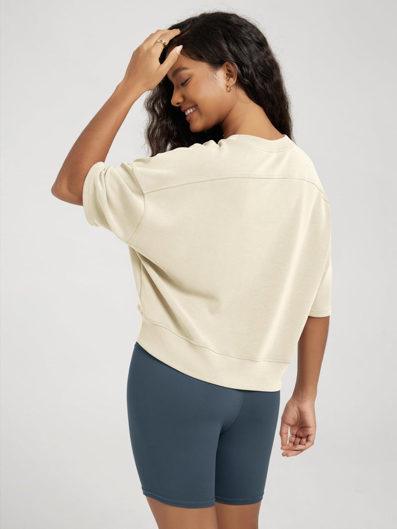 ODODOS Modal Soft Short Sleeve T-Shirts for Women Oversized Crew Neck Tee Relaxed Pullover Tops, Butter Cream, Medium - Image 3