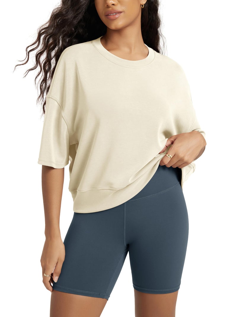 ODODOS Modal Soft Short Sleeve T-Shirts for Women Oversized Crew Neck Tee Relaxed Pullover Tops, Butter Cream, Medium - Image 1