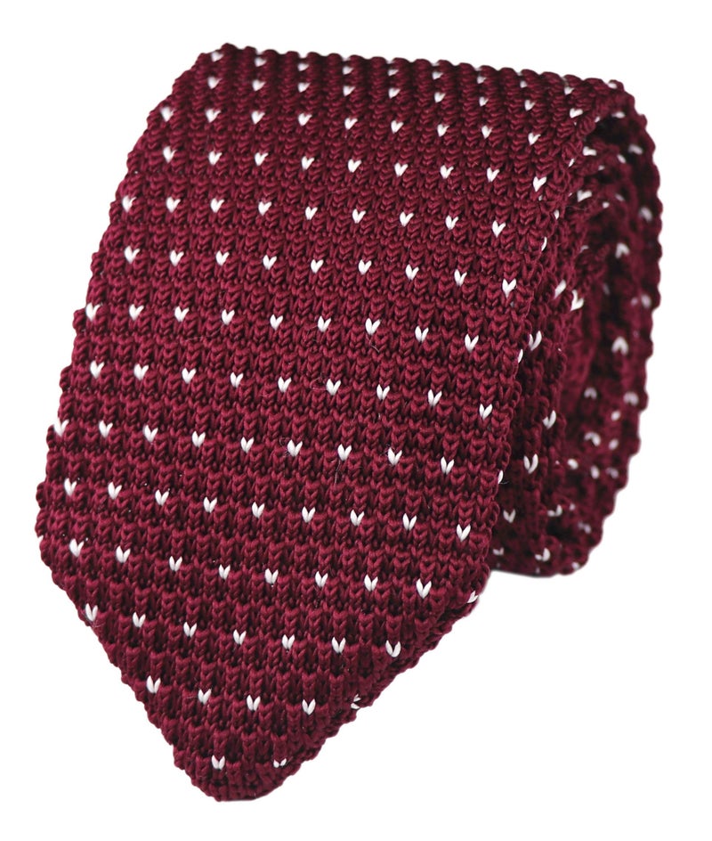 Secdtie Men Boys Wine Red Knitted Neck Tie Burgundy Accessory Narrow Necktie Gift for Husband - Image 1