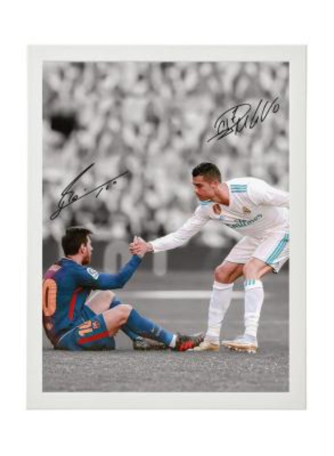 Boomah Accessories Lionel Messi and Cristiano Ronaldo - Barcelona and Real Madrid Legend Printed Autograph - Framed Poster 30x40cm - Football Memorabilia, Soccer Collectible, Gift for Fans , Man Cave