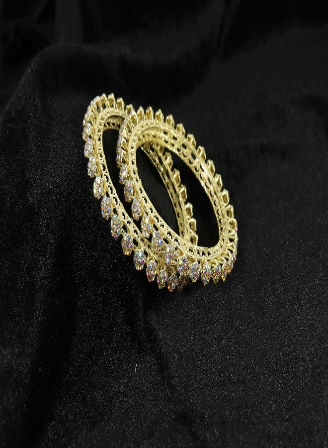 LAVAZZA Golden Metal CZ American Diamond Bangles For Women & Girls | Premium AD Kada Bangles | Diamond Kada For Women | White Stone Bangles | Traditional Women's Kada Set- (RKM3-100370-RBGold-2.6) - Image 3