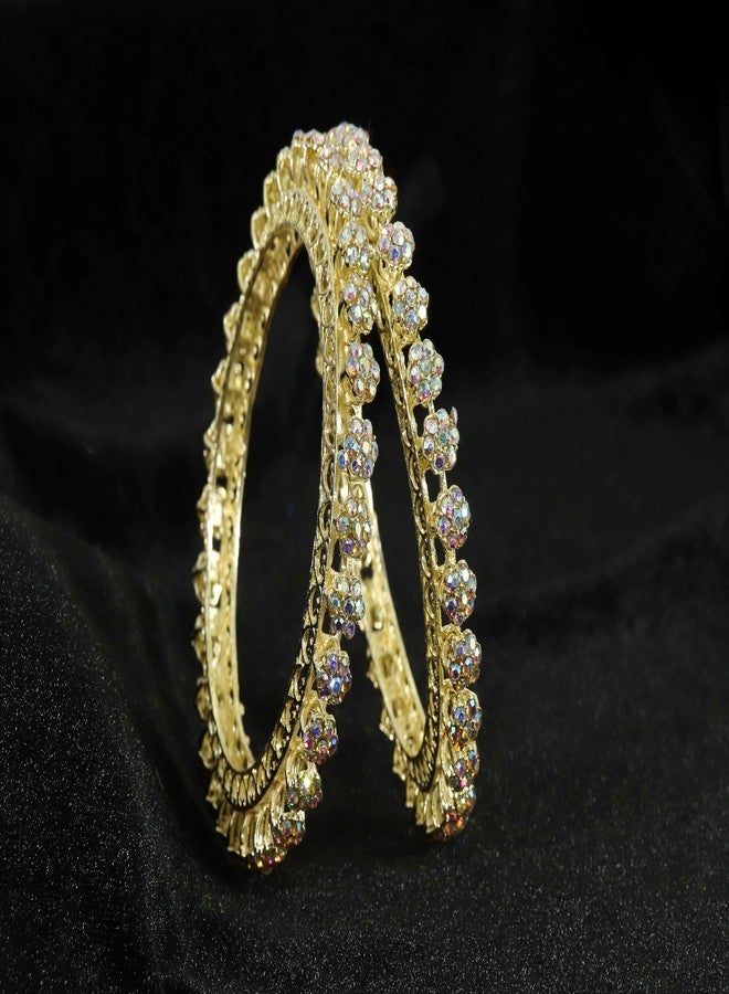 LAVAZZA Golden Metal CZ American Diamond Bangles For Women & Girls | Premium AD Kada Bangles | Diamond Kada For Women | White Stone Bangles | Traditional Women's Kada Set- (RKM3-100370-RBGold-2.6) - Image 4