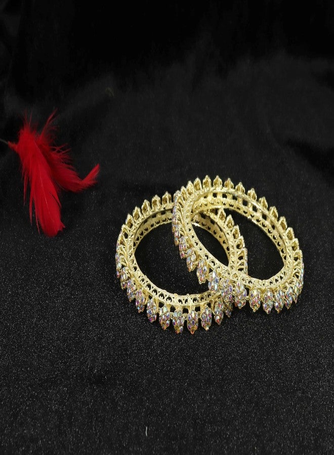 LAVAZZA Golden Metal CZ American Diamond Bangles For Women & Girls | Premium AD Kada Bangles | Diamond Kada For Women | White Stone Bangles | Traditional Women's Kada Set- (RKM3-100370-RBGold-2.6) - Image 2