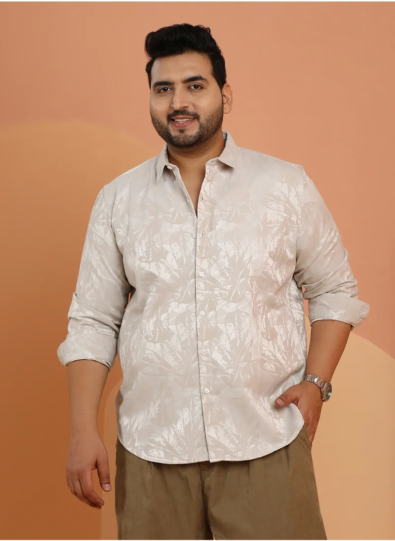 انستافاب بلس Instafab Plus Men's Peanut Beige Foliage-Jacquard Shirt For Casual Wear | Spread Collar | Long Cuffed Sleeves | Button Closure | Plus Size Shirt Crafted With Comfort Fit For Everyday Wear