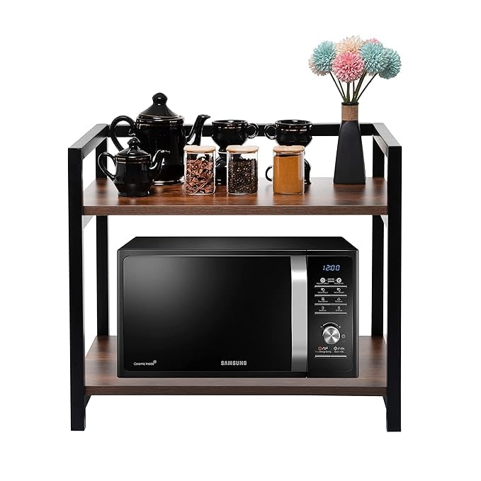 Reom Enterprise Reom Enterprise MetalWood Microwave Stand Microwave OTG Stand for Kitchen Counter Double Platform for Extra Storage with Hooks Kitchen Oven Rack  - Image 1