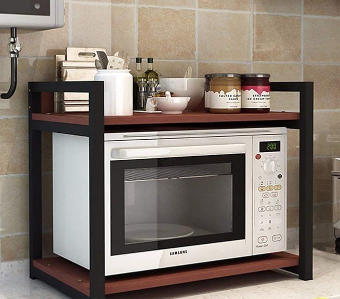 Reom Enterprise Reom Enterprise MetalWood Microwave Stand Microwave OTG Stand for Kitchen Counter Double Platform for Extra Storage with Hooks Kitchen Oven Rack  - Image 5
