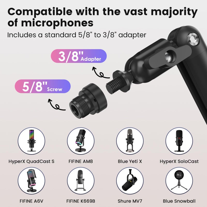 IVVIC Adjustable Microphone Boom Arm for Lightweight Mics, 30-inch Rotatable Desk Stand with Cable Management & 3/8" 5/8" Threads, Space-Saving Design for Streaming, Podcasting, Gamingâ€‹ (Black) - Image 2
