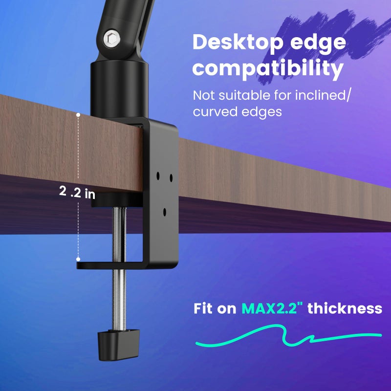 IVVIC Adjustable Microphone Boom Arm for Lightweight Mics, 30-inch Rotatable Desk Stand with Cable Management & 3/8" 5/8" Threads, Space-Saving Design for Streaming, Podcasting, Gamingâ€‹ (Black) - Image 3