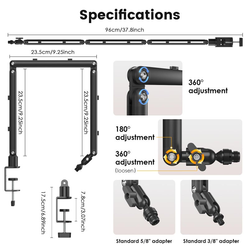 IVVIC Adjustable Microphone Boom Arm for Lightweight Mics, 30-inch Rotatable Desk Stand with Cable Management & 3/8" 5/8" Threads, Space-Saving Design for Streaming, Podcasting, Gamingâ€‹ (Black) - Image 4