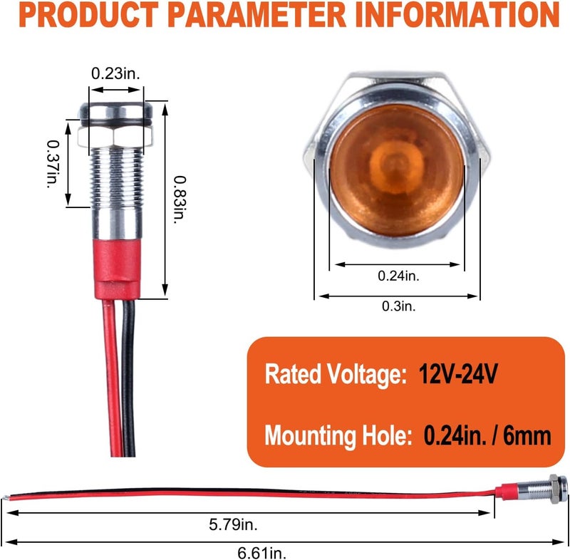 DMWD 10Pcs 6mm (1/4") Energy Saving LED Indicator Light 12V-24V 20mA Metal Waterproof Wide Flat Head Signal Lamp Pilot Dash Directional with Wire （Yellow LED） Worldwide simple practical design - Image 2