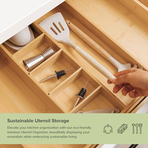 KitchenEdge Adjustable Kitchen Drawer Organizer for Utensils and Junk, Food-Safe Contract Grade with 100% Sustainable Wood, Expandable from 16 to 28 Inches Wide - Natural Bamboo - Image 5