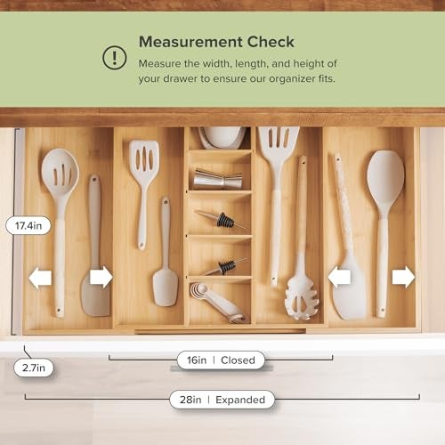 KitchenEdge Adjustable Kitchen Drawer Organizer for Utensils and Junk, Food-Safe Contract Grade with 100% Sustainable Wood, Expandable from 16 to 28 Inches Wide - Natural Bamboo - Image 4