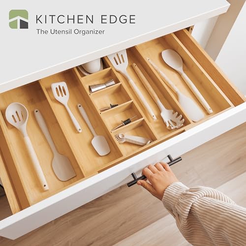 KitchenEdge Adjustable Kitchen Drawer Organizer for Utensils and Junk, Food-Safe Contract Grade with 100% Sustainable Wood, Expandable from 16 to 28 Inches Wide - Natural Bamboo - Image 2
