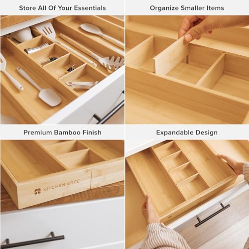 KitchenEdge Adjustable Kitchen Drawer Organizer for Utensils and Junk, Food-Safe Contract Grade with 100% Sustainable Wood, Expandable from 16 to 28 Inches Wide - Natural Bamboo - Image 3