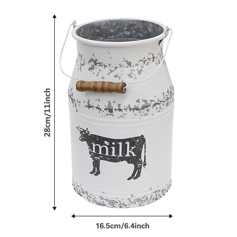 Fovasen Metal Big Cow Galvanized Milk Can with Wooden Handle, Rustic White Farmhouse Vase Planter, Primitive Decorative Flower Holder for Home Wedding Table Centerpiece Decor Large - 11" - Image 5