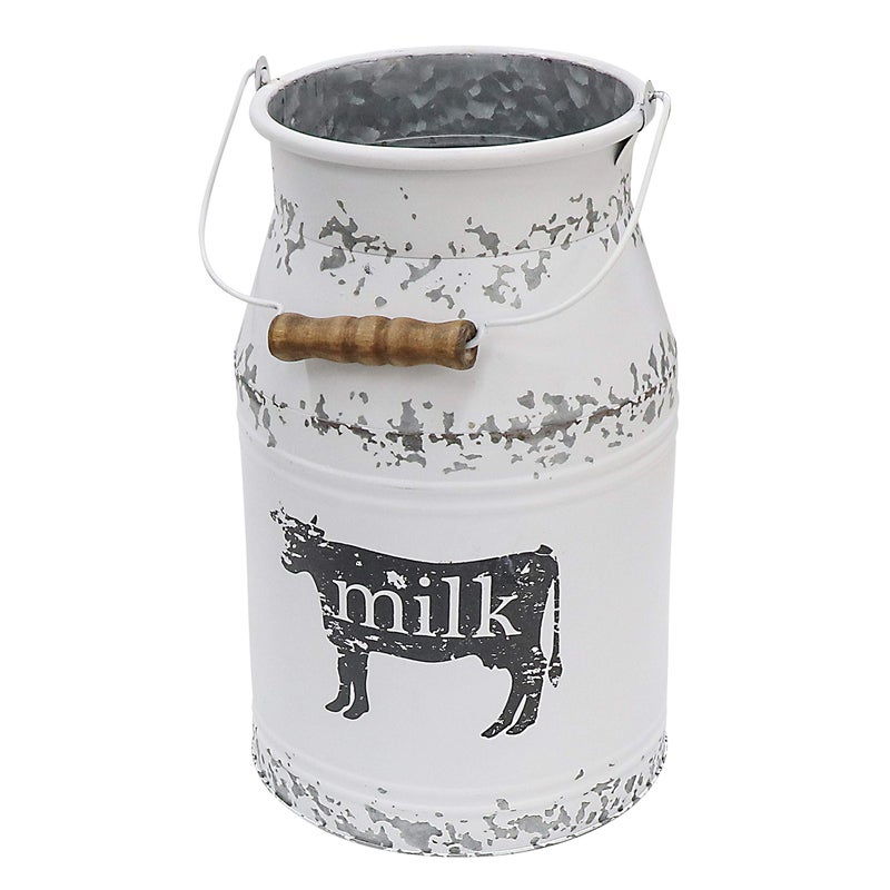 Fovasen Metal Big Cow Galvanized Milk Can with Wooden Handle, Rustic White Farmhouse Vase Planter, Primitive Decorative Flower Holder for Home Wedding Table Centerpiece Decor Large - 11" - Image 1
